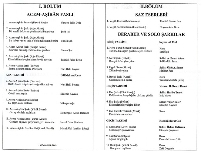 Acem-Aşîrân Faslı Saz Eserleri, Beraber ve Solo Eserler